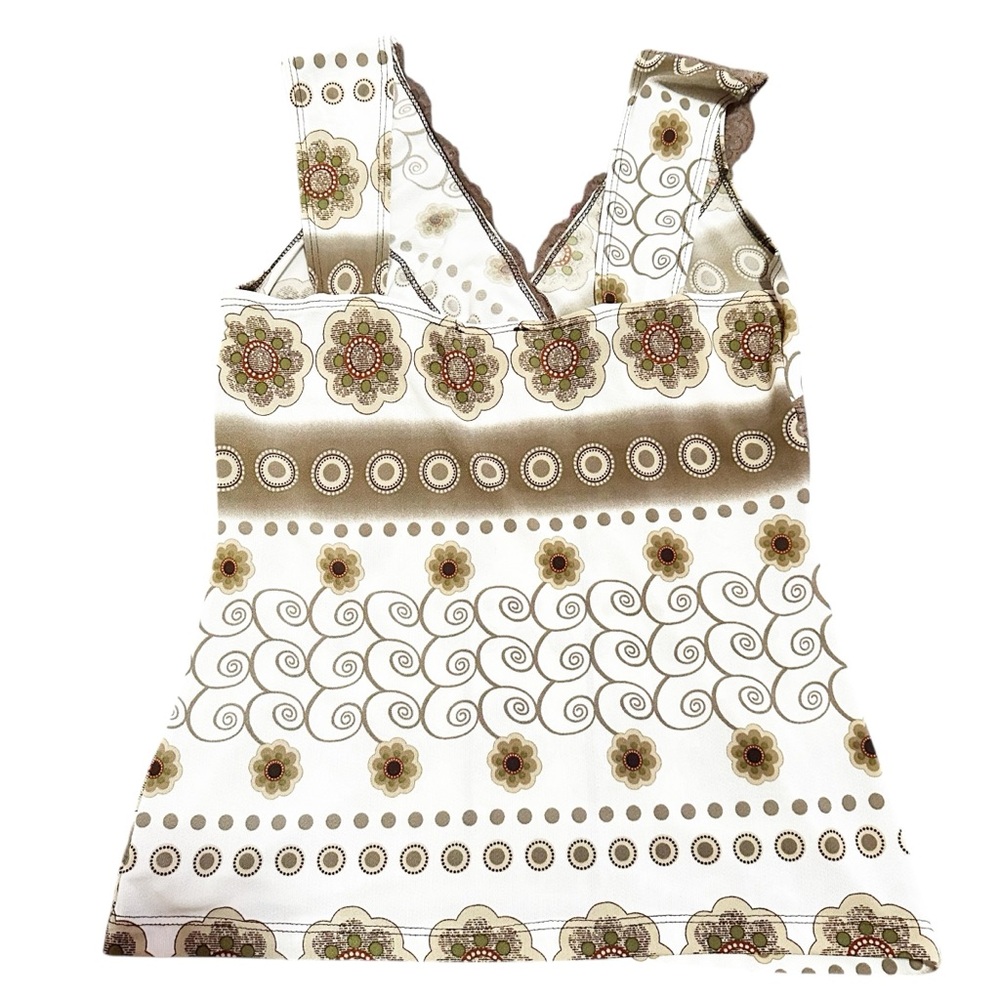 Y2K Brown and cream floral lace top with a V-neck and lace trim - Picture 2 of 7
